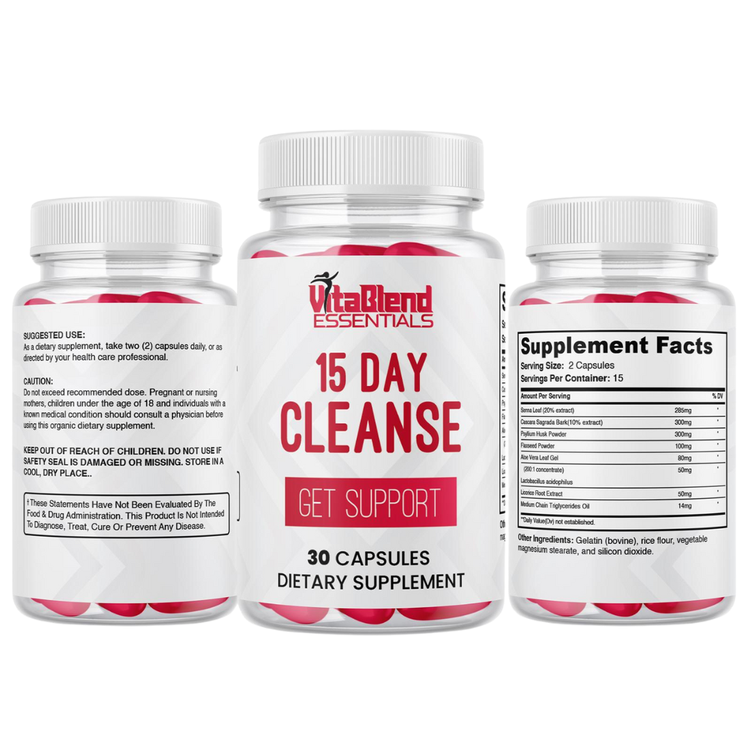 A Banner displaying 15 day cleanse supplement facts