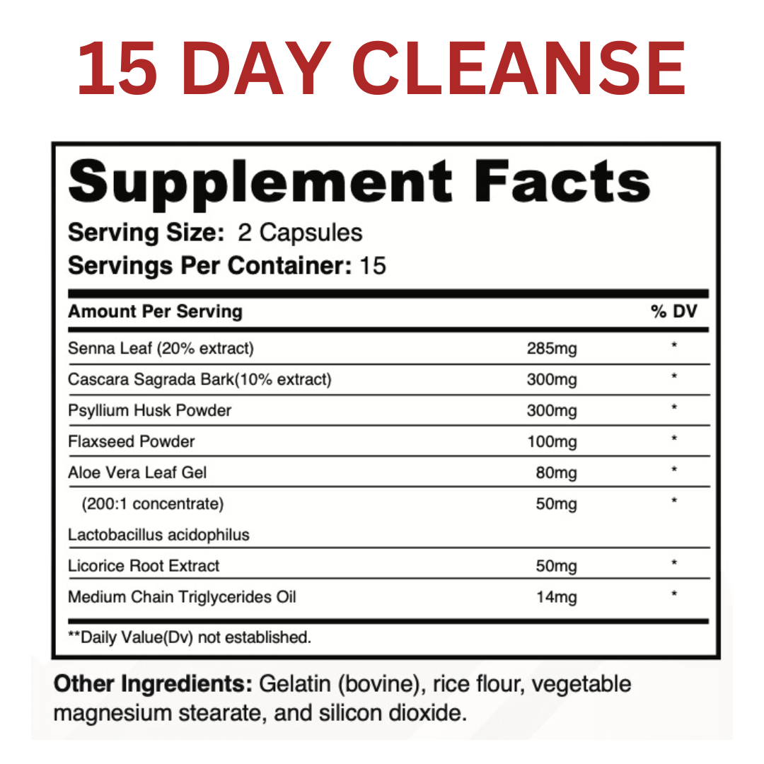 A Banner displaying 15 day cleanse supplement facts