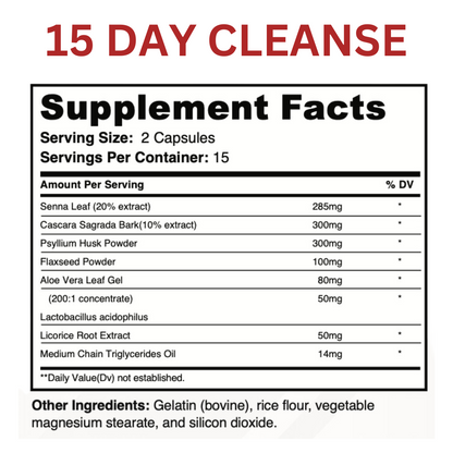 A Banner displaying 15 day cleanse supplement facts