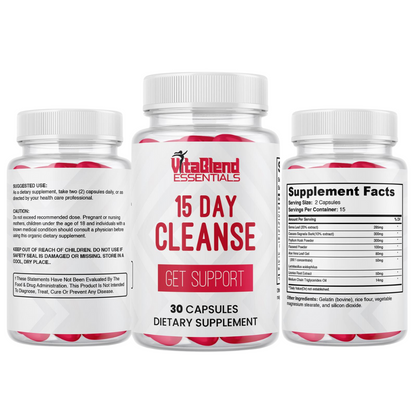 A Banner displaying 15 day cleanse supplement facts